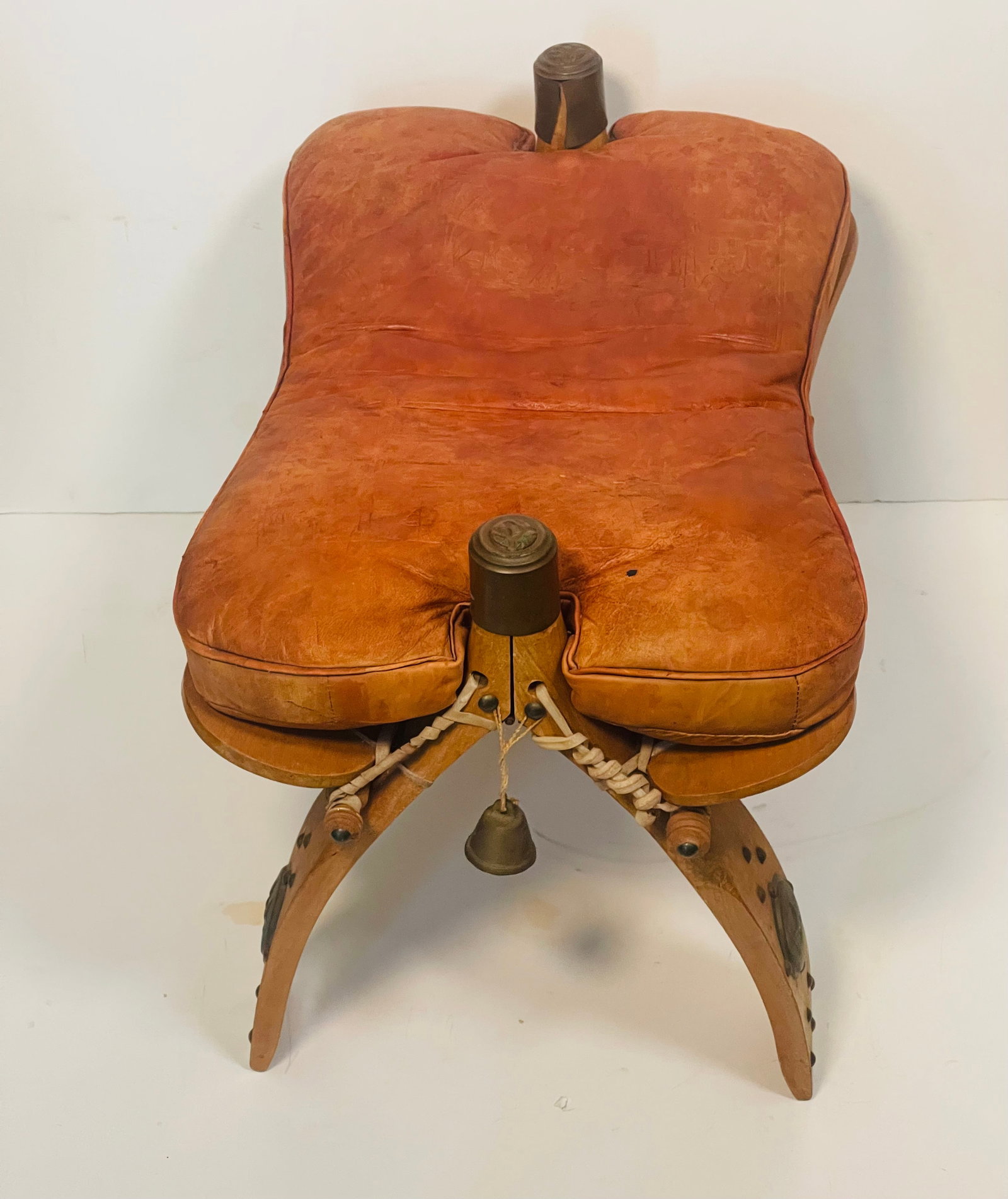 Antique Moroccan Camel Saddle Leather Footstool With Bronze Bell - 3
