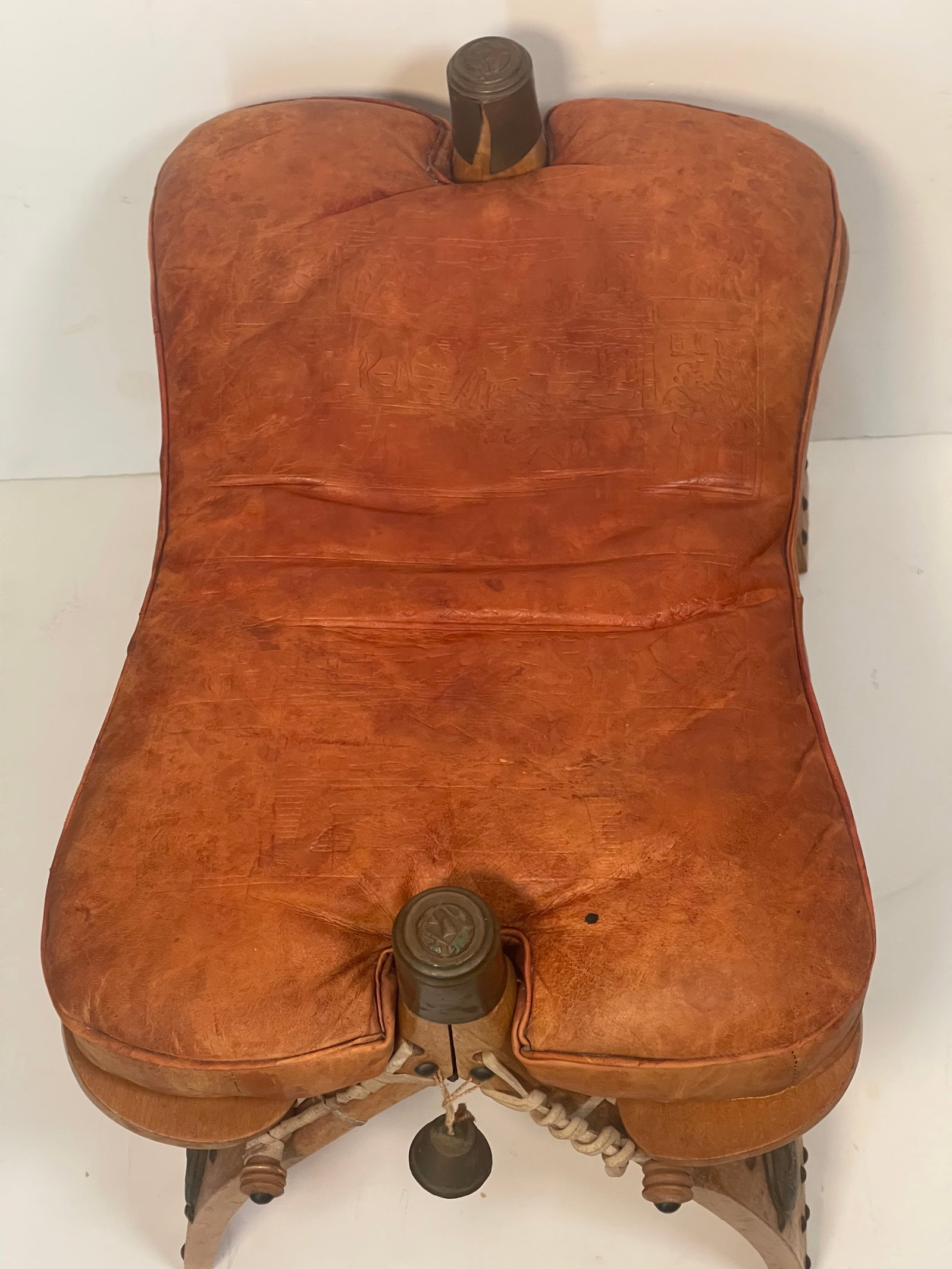 Antique Moroccan Camel Saddle Leather Footstool With Bronze Bell - 4