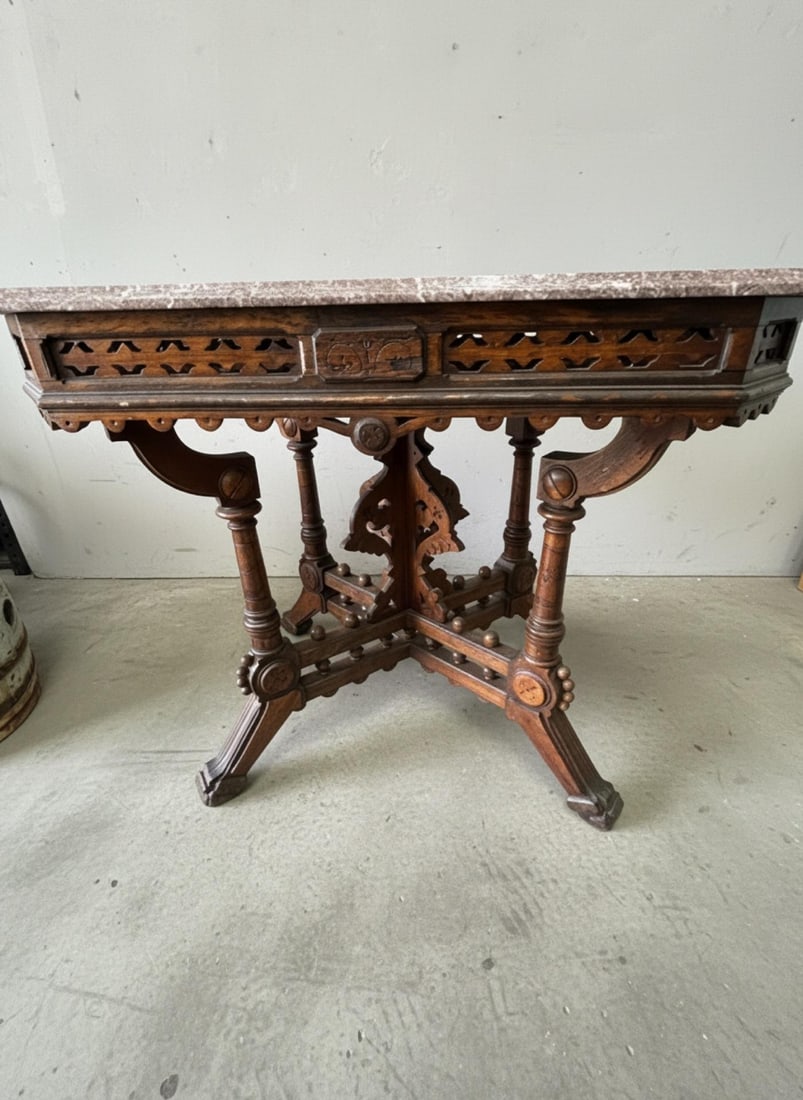 19th Century Victorian Eastlake Carved Walnut Octagonal Center Table With Rouge Marble Top - 2