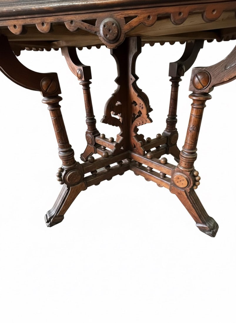 19th Century Victorian Eastlake Carved Walnut Octagonal Center Table With Rouge Marble Top - 4