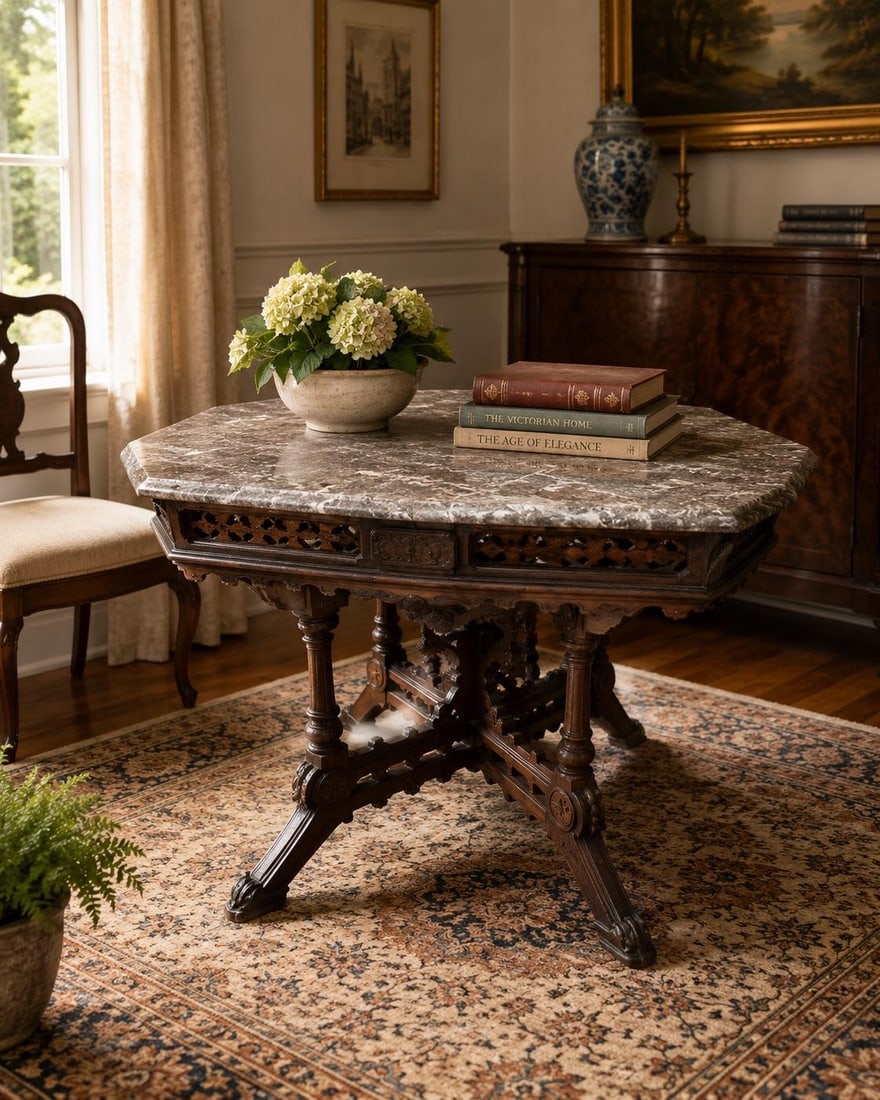 19th Century Victorian Eastlake Carved Walnut Octagonal Center Table With Rouge Marble Top - 6