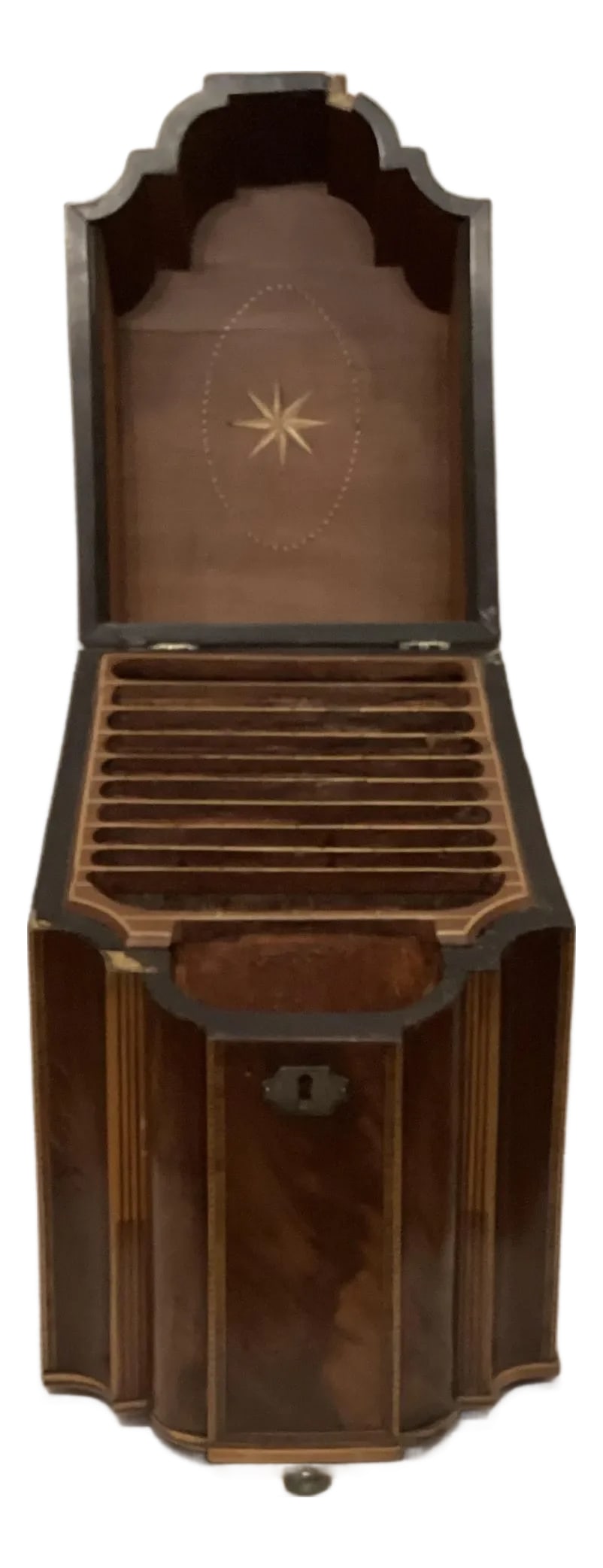 18th C Mahogany Inlaid Knife Box Converted to Stationary Box in 19th C.: This 18th C Mahogany Box started life as a knife box. It was converted in 19th C. to a stationary box. The Georgian box has a distinctive serpentine front and a hinged lid edged in satinwood and king