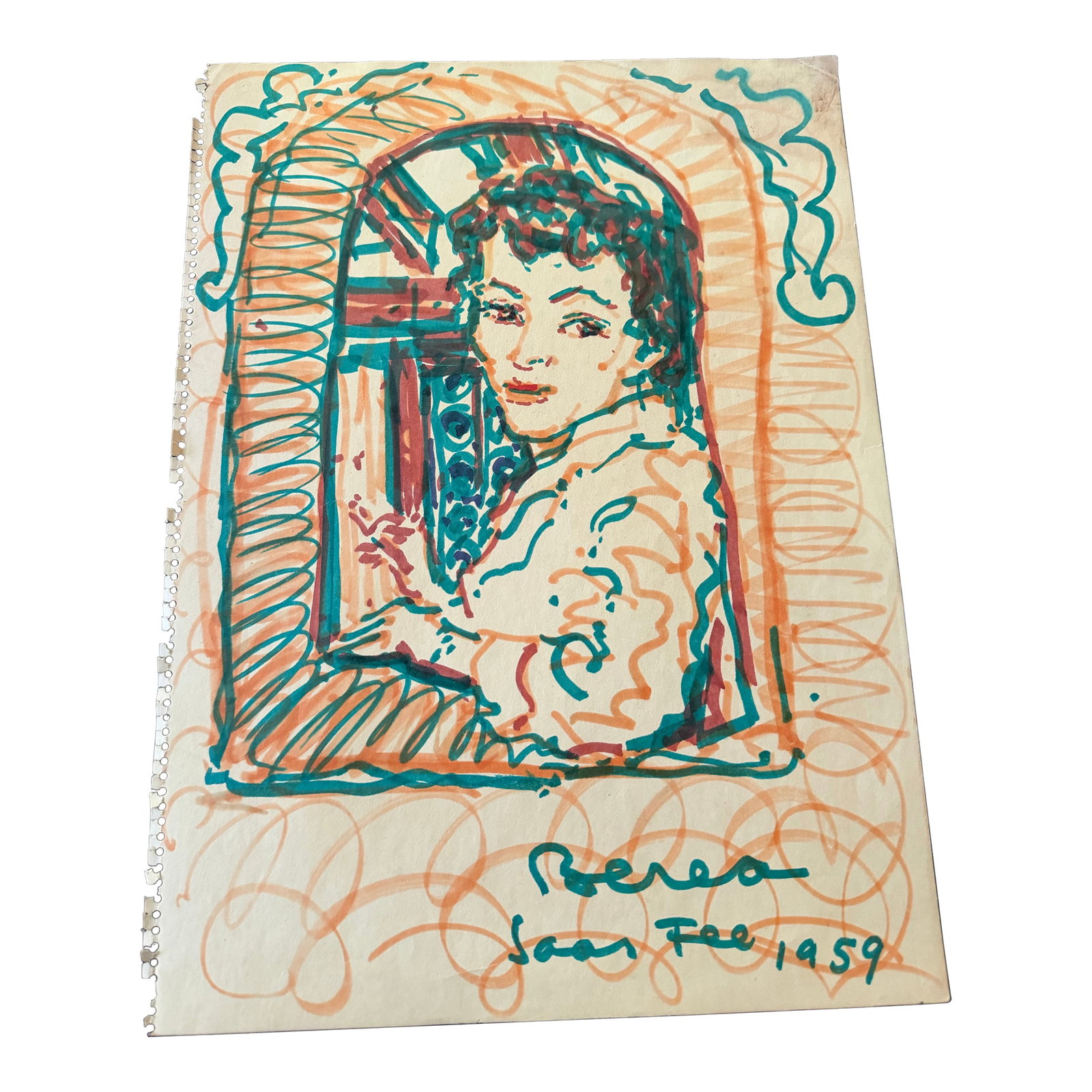 1959 Dimitrie Berea Portrait of Joan Fee Created With Magic Markers: This is an unusual colored portrait sketch of a young woman prepared with markers. The portrait was prepared by Romanian-born artist Dimitrie Berea in 1959. Condition: Alterations: Original Condition