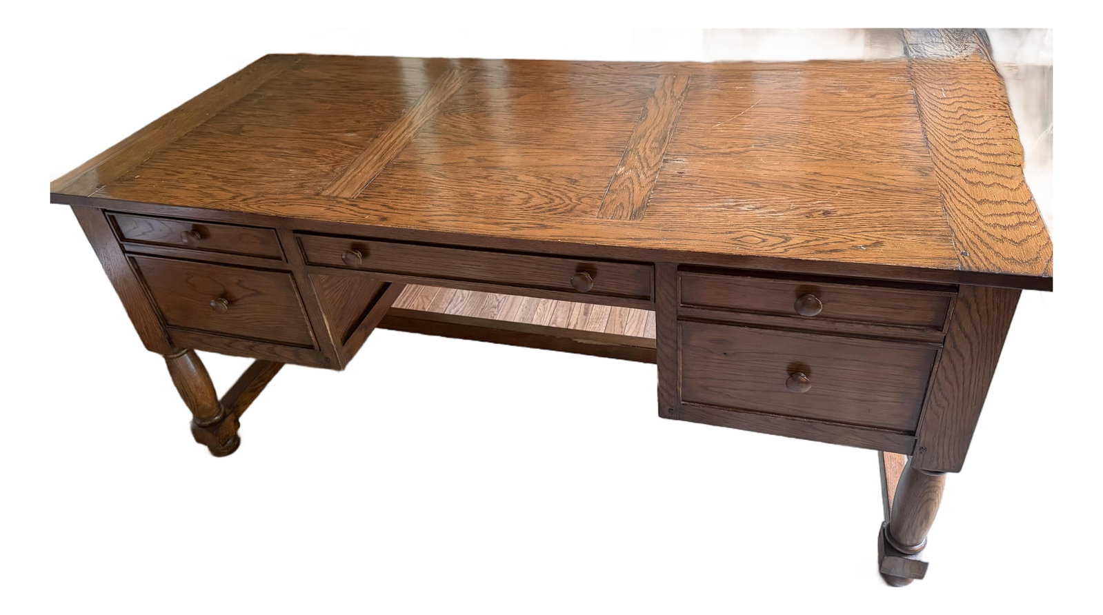 Antique Oak Partners-Style Library Desk, Turned Leg Base (1 of 5)