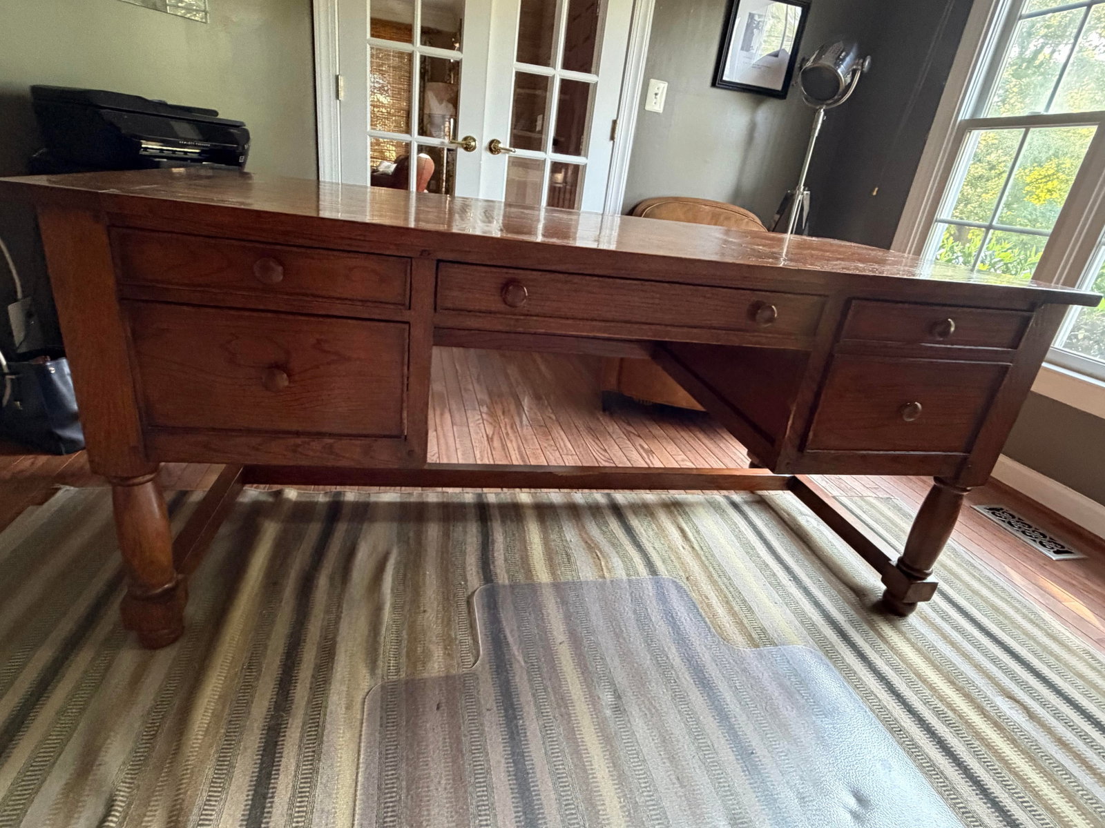 Antique Oak Partners-Style Library Desk, Turned Leg Base - 4