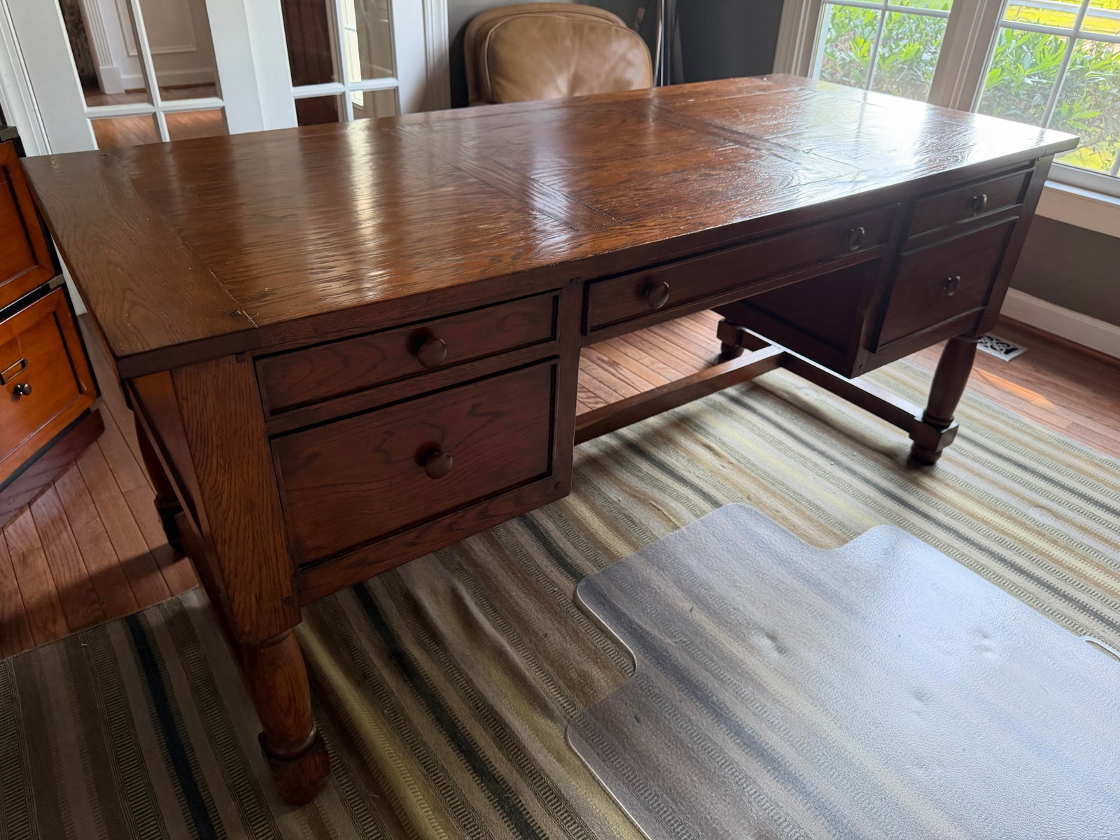 Antique Oak Partners-Style Library Desk, Turned Leg Base - 5