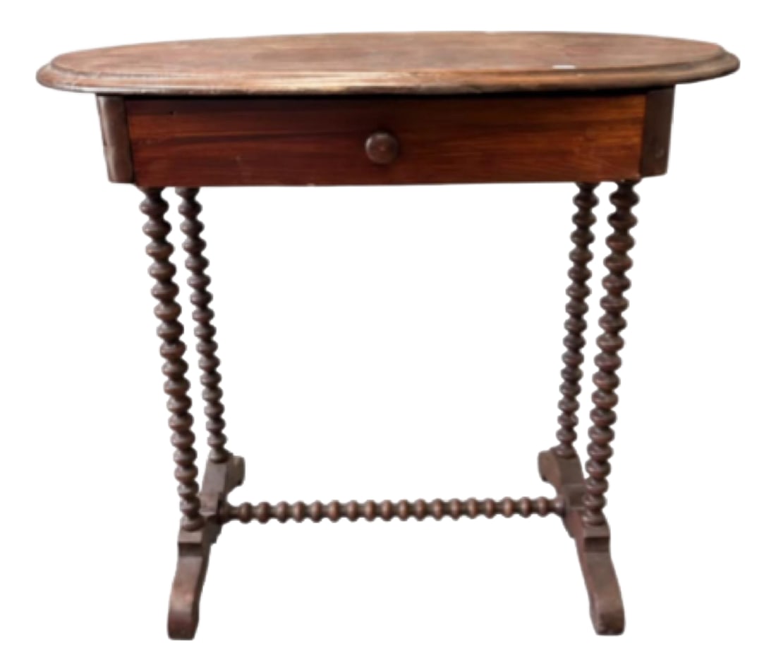 Antique Oval Wood Side Table With Barley Twist Legs & Single Drawer: Charming antique oval occasional table featuring an expressive aged wood surface, a single functional drawer, and an unusually decorative base with slender barley-twist supports and coordinating