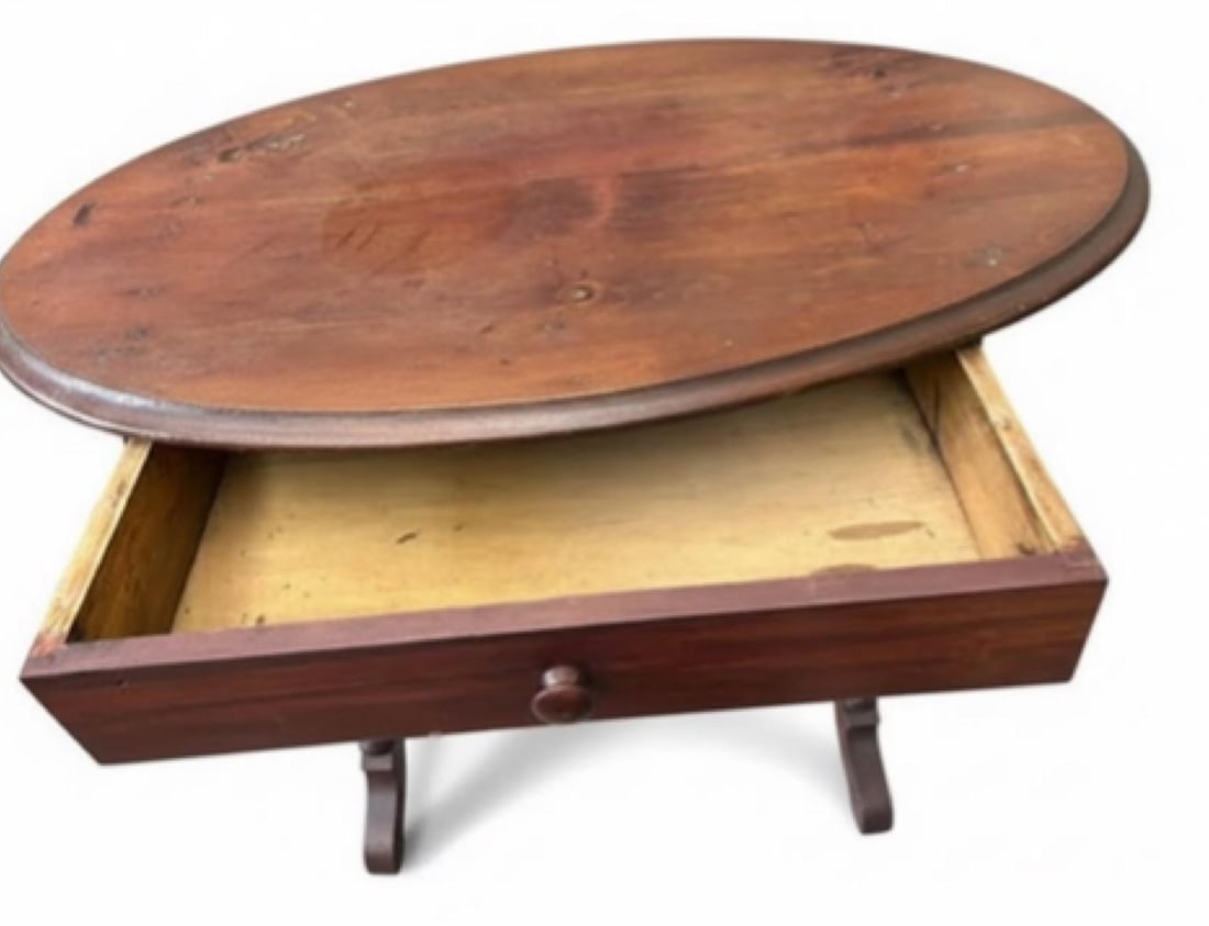 Antique Oval Wood Side Table With Barley Twist Legs & Single Drawer - 2