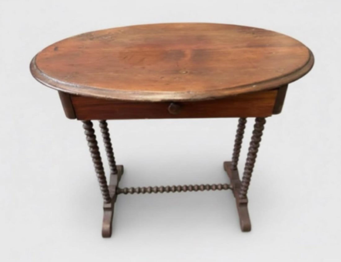 Antique Oval Wood Side Table With Barley Twist Legs & Single Drawer - 3