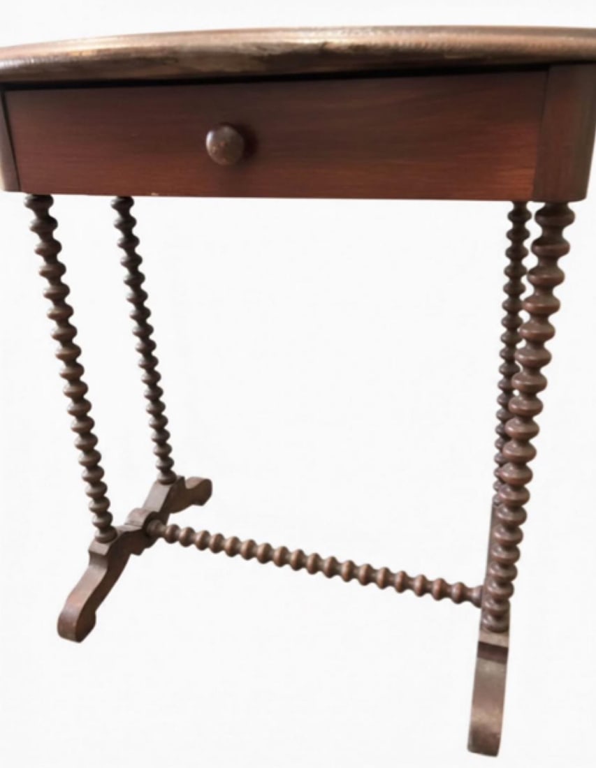 Antique Oval Wood Side Table With Barley Twist Legs & Single Drawer - 5
