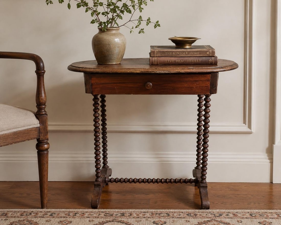 Antique Oval Wood Side Table With Barley Twist Legs & Single Drawer - 9