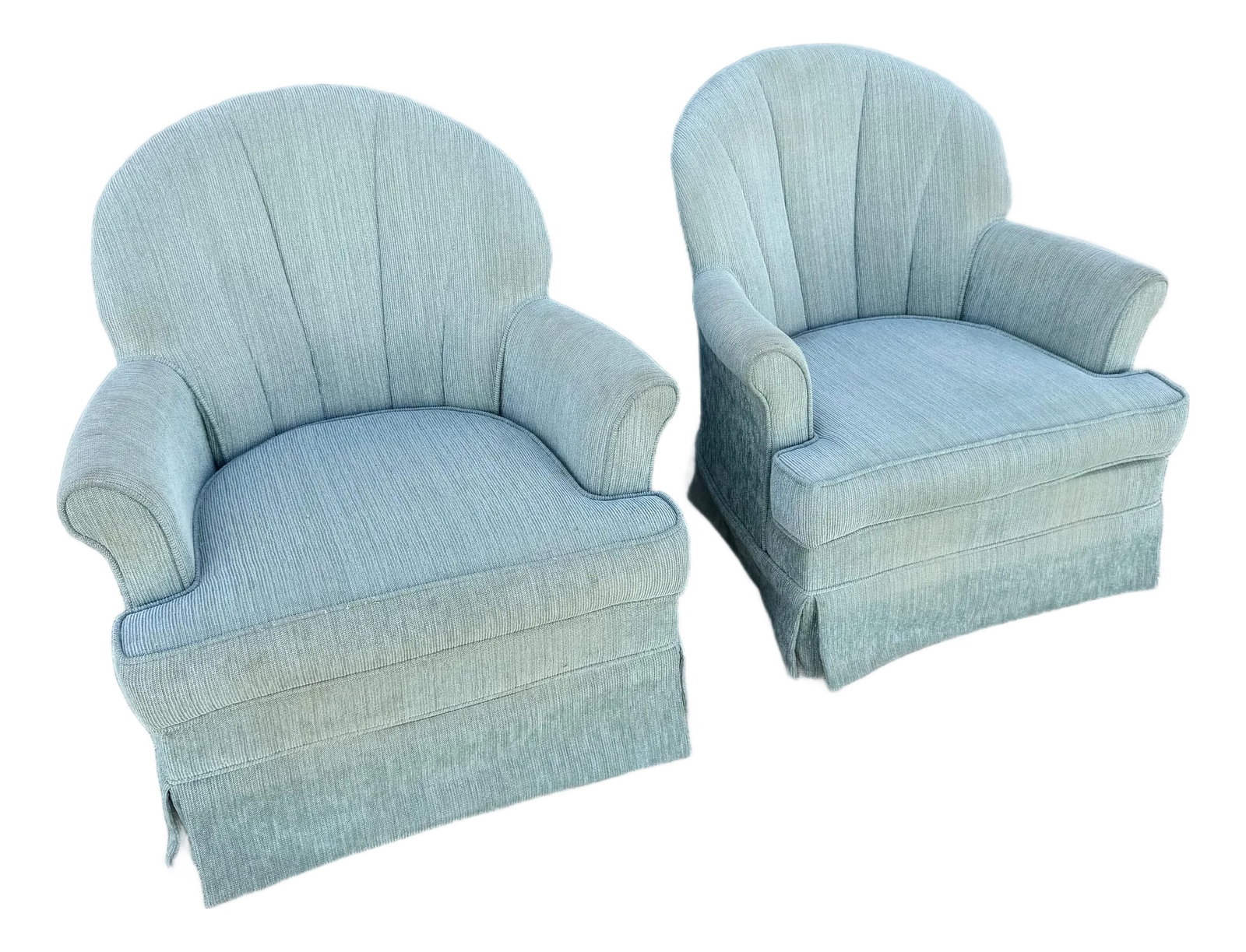 Postmodern Turquoise Fabric Clam Shell Scalloped Swivel Lounge Chairs by Stanley - A Pair: Fantastic pair of vintage Stanley Furniture swivel lounge chairs featuring dramatic scalloped clamshell backs and soft turquoise upholstery. The sculptural silhouettes feature channel detailing,