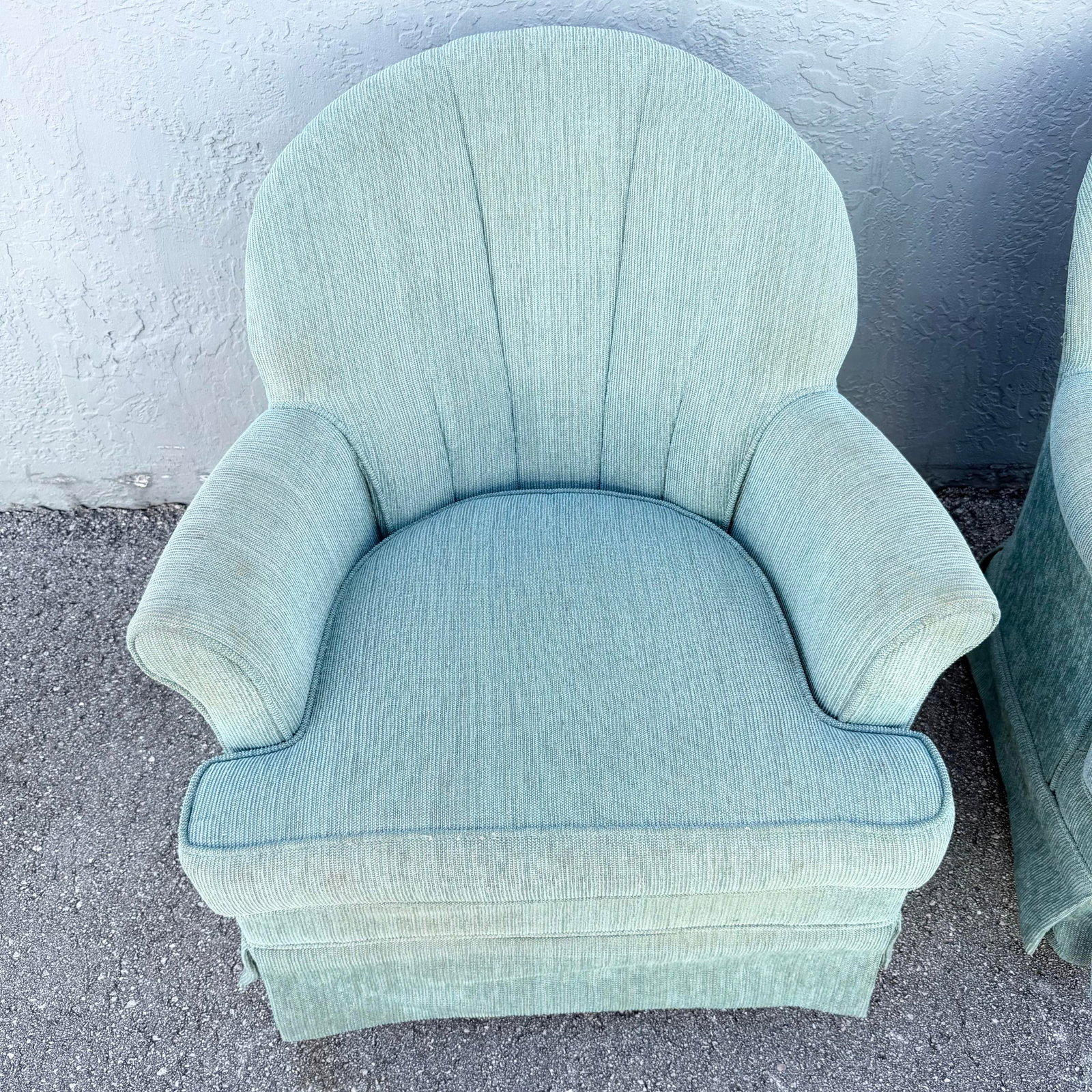 Postmodern Turquoise Fabric Clam Shell Scalloped Swivel Lounge Chairs by Stanley - A Pair - 2