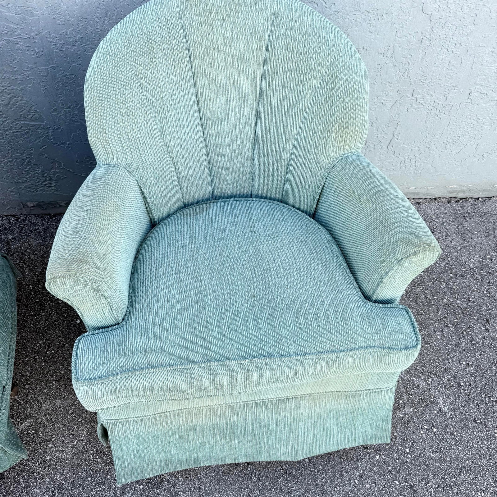Postmodern Turquoise Fabric Clam Shell Scalloped Swivel Lounge Chairs by Stanley - A Pair - 3
