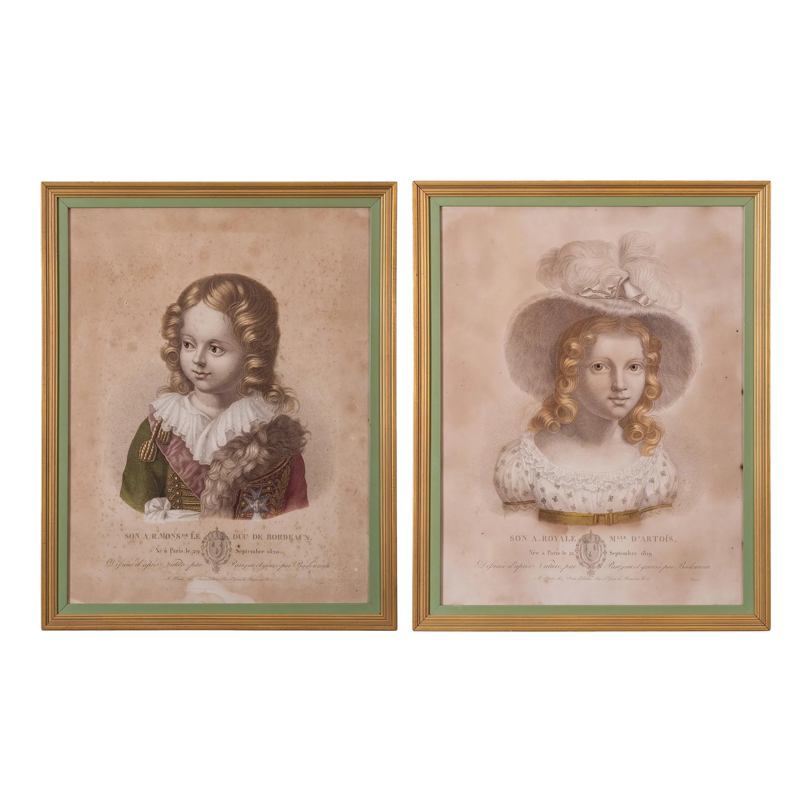 Prince Henri, Count of Chambord and Princess Louise D'Artois Engravings, C.1825: Offered are two framed hand-colored stipple engravings of a scarcely depicted curly-haired Prince Henri D'Artois, Count of Chambord and Duke of Bordeaux and of Princess Louise d'Atois. Engraved by Jea