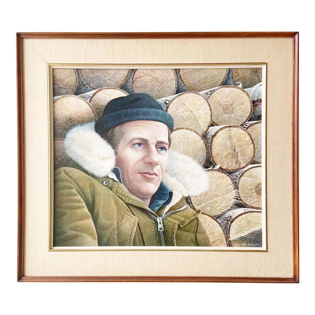 Martin Lake, Acrylic Painting by Ron Pelley: Incredible acrylic painting by Ron Pelley, signed and dated 1979. Subject is a cold loggers gaze of satisfaction. Condition: Alterations: Original Condition Unaltered Imperfections: Some