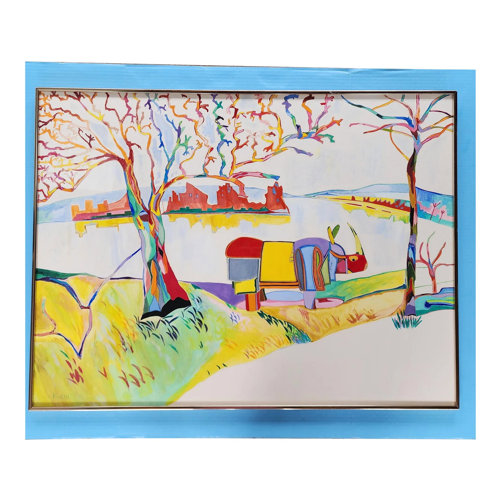 Late 20th Century "Save the Planet - All Creatures Great and Small" Original Fauvist Painting by Tex: Large whimsical acrylic painting titled "All Creatures Great and Small" shows a brightly colored rhinoceros standing calmly under a technicolor tree at the edge of a lake. Painted on a summer trip to 