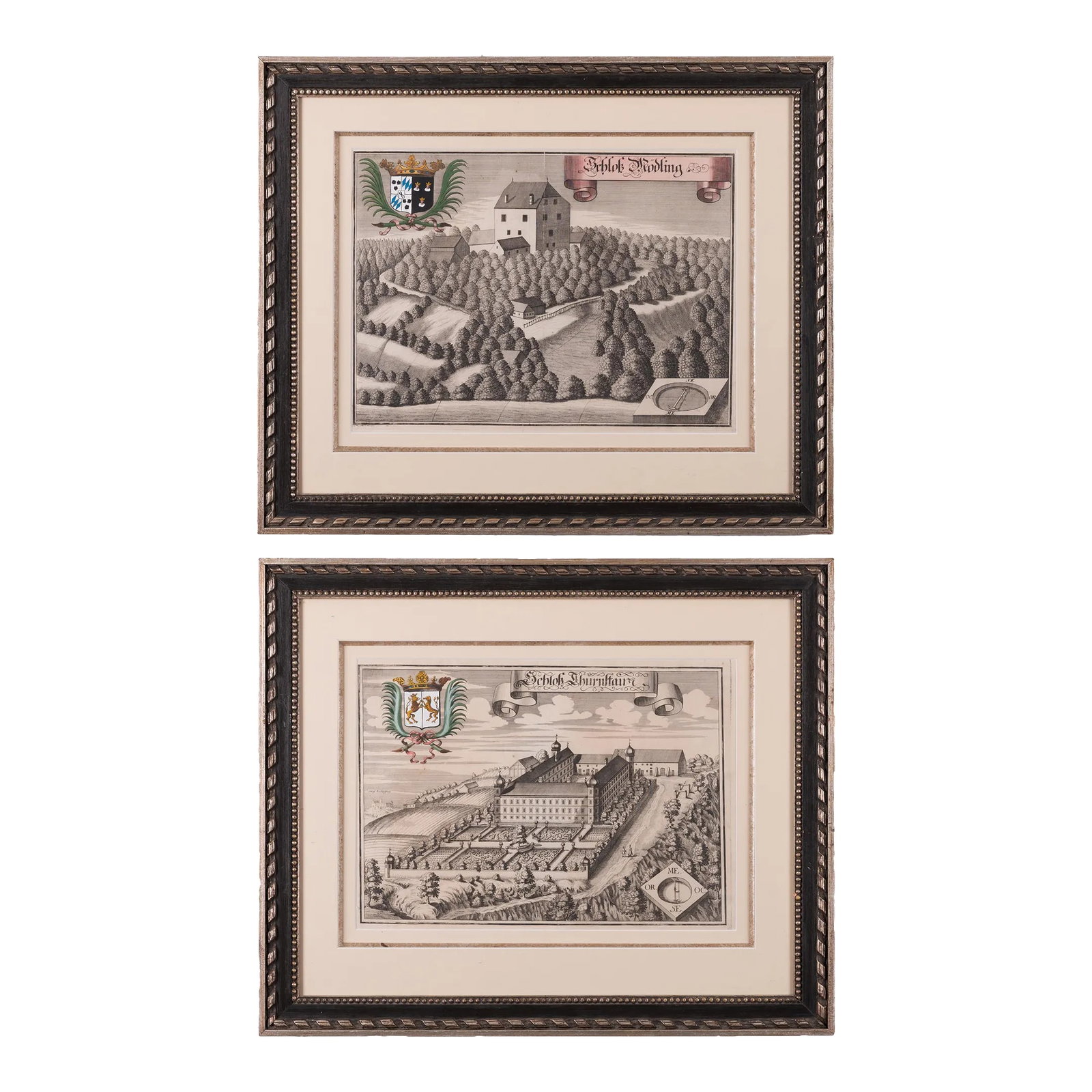 Michael Wening - German Manor House Engravings - a Pair: Michael Wening (German, 1645-1718) A pair of original engravings depicting German manor houses from Historico-Topographica Descriptio, circa 1720. sight: 14 1/2 by 10 1/2 inches frame: 21 1/2 by 17
