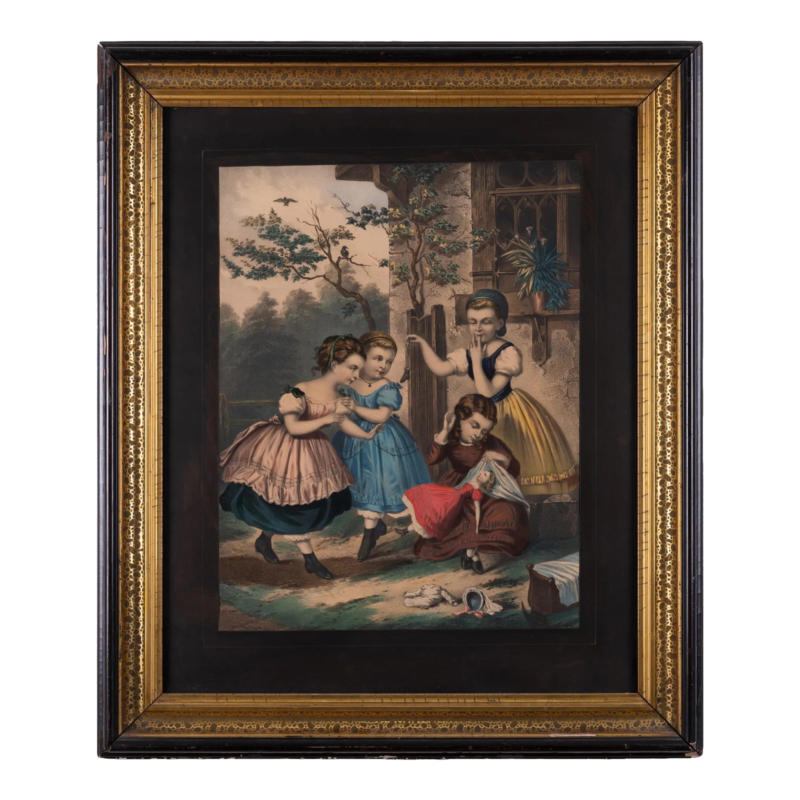Victorian Girls Hand-Painted Lithograph (1 of 8)