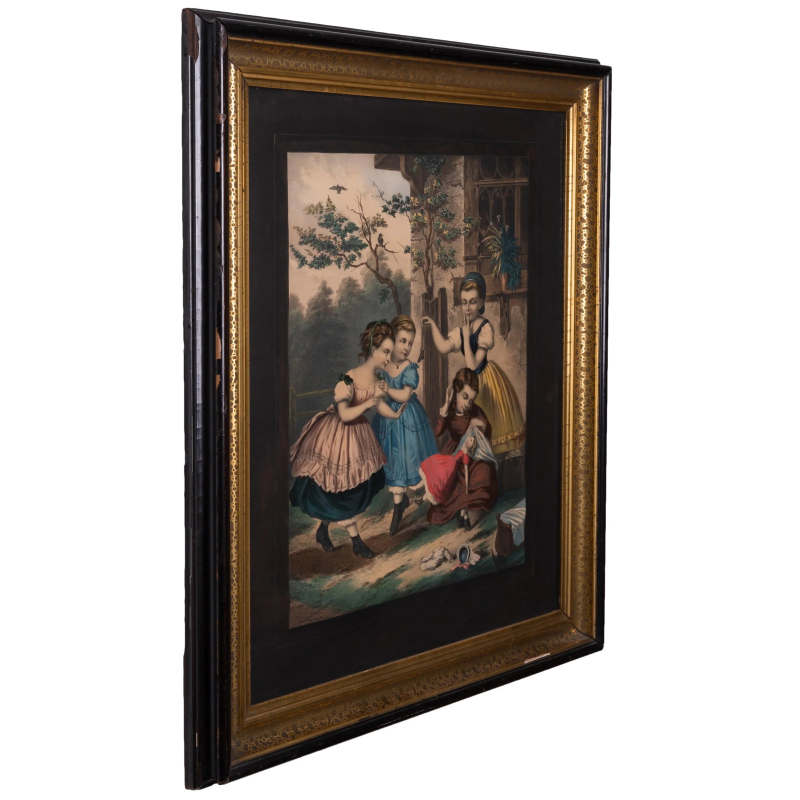 Victorian Girls Hand-Painted Lithograph - 2