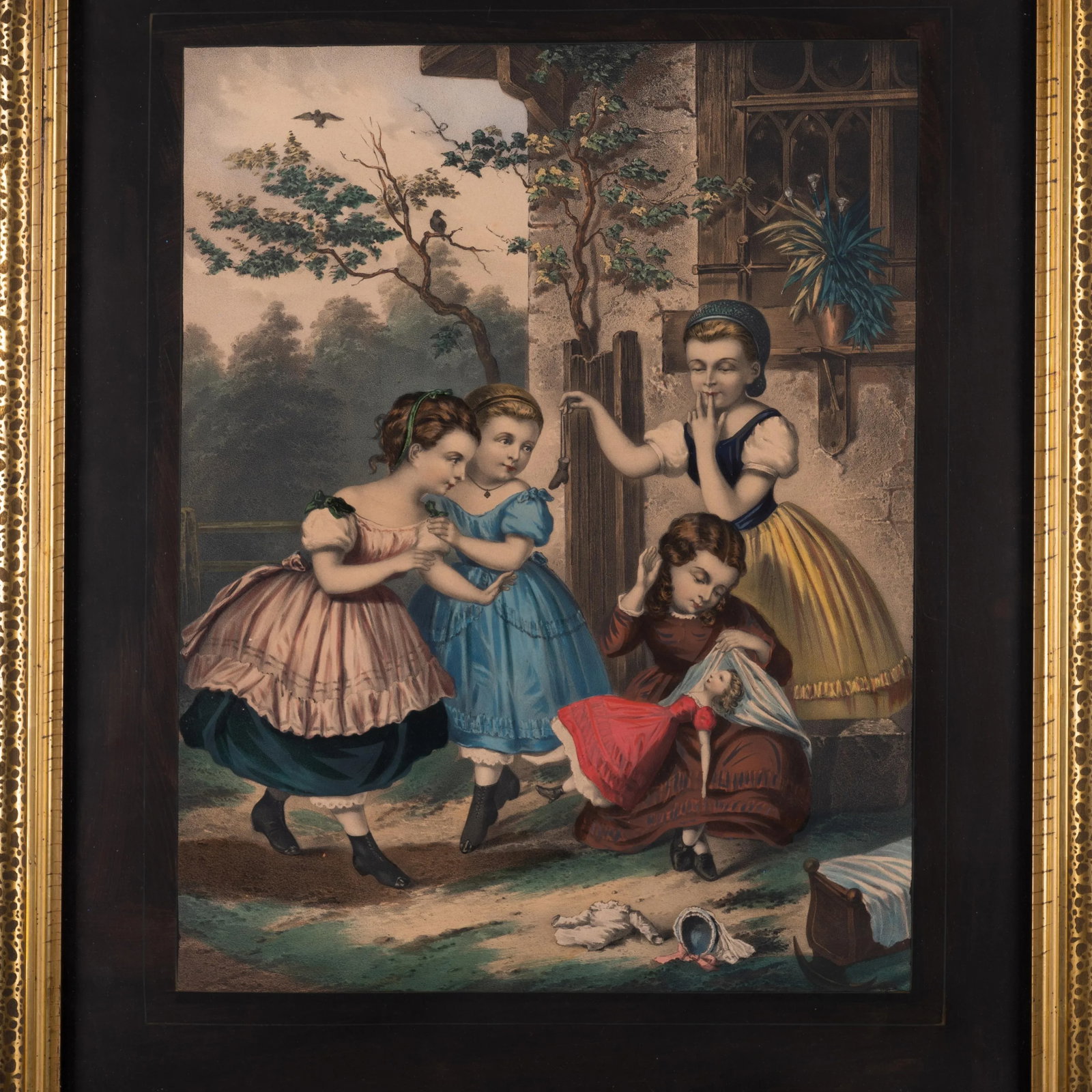 Victorian Girls Hand-Painted Lithograph - 3