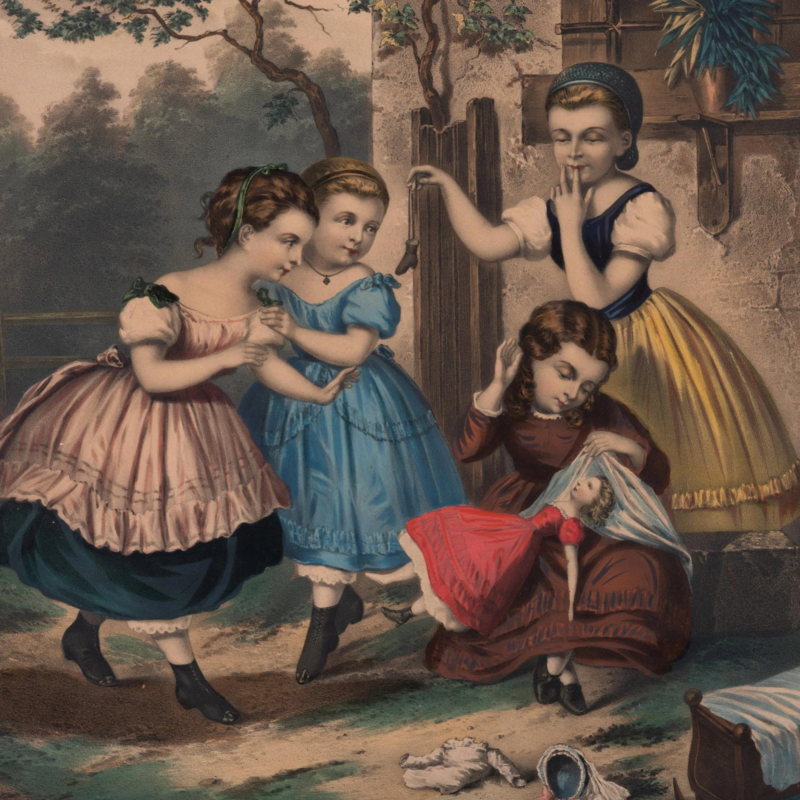 Victorian Girls Hand-Painted Lithograph - 4