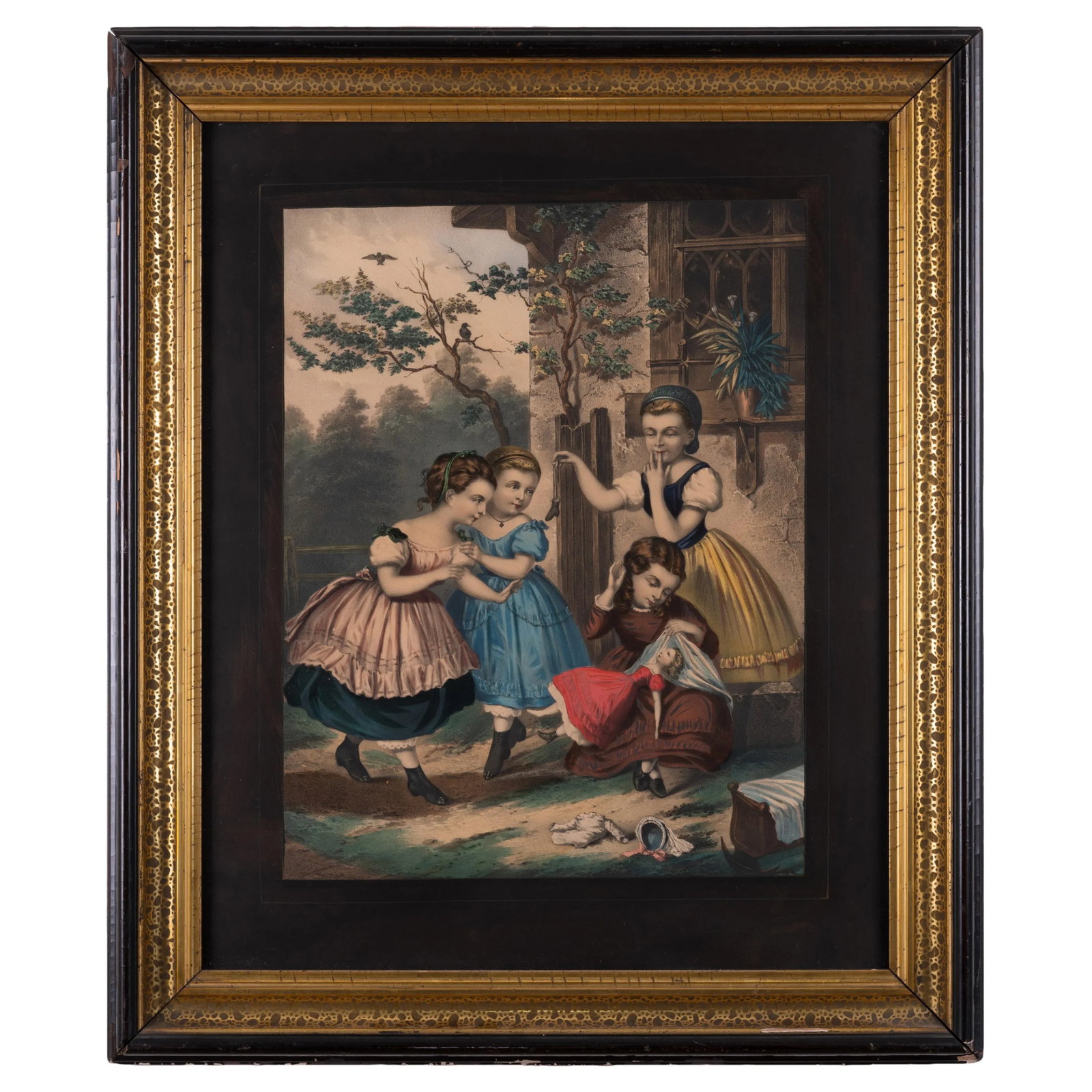 Victorian Girls Hand-Painted Lithograph - 8