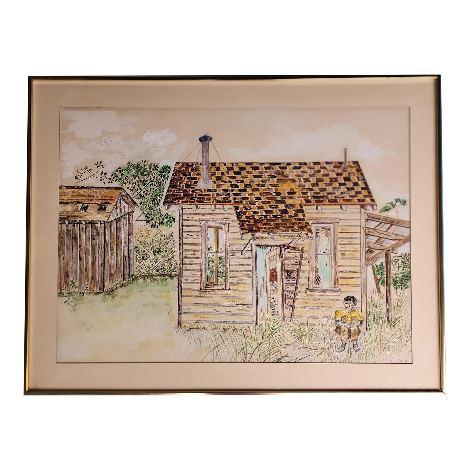 Mid 20th Century "Erasmus P. Jones" Folk Art Original Framed Figurative Watercolor Painting: "Erasmus P. Jones" original watercolor painting by Texas artist Sybil Klein. Beautifully detailed painting of a wooden house encapsulated by natural surroundings with a pensive young boy squatting in
