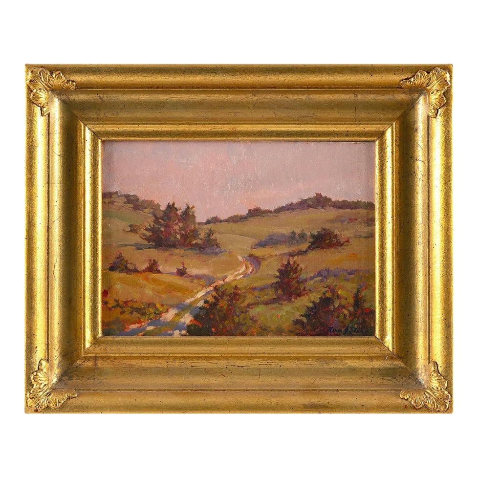 Vintage Signed Oil on Canvas | Nantucket Landscape: A luminous Nantucket landscape by contemporary Massachusetts artist Kevin J. Shea, depicting the island's gently rolling meadows beneath a soft rose-hued sky. Painted with loose, expressive