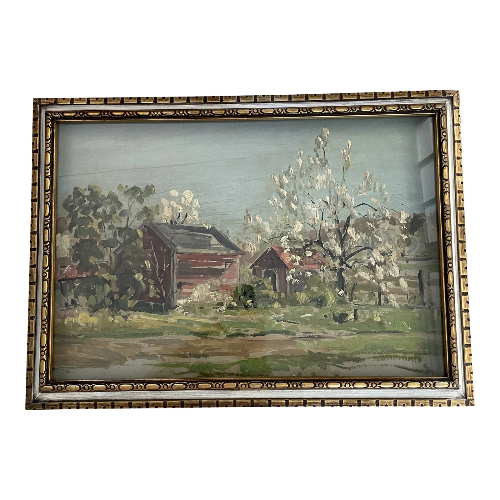 Mid 20th Century Vintage Framed Oil Painting on Board of a Farm Scene: Fabulous oil painting with gorgeous blooming trees and a red barn framed in an art box frame! Very special piece. Condition: Alterations: Unknown Imperfections: Some Imperfections Condition Notes: