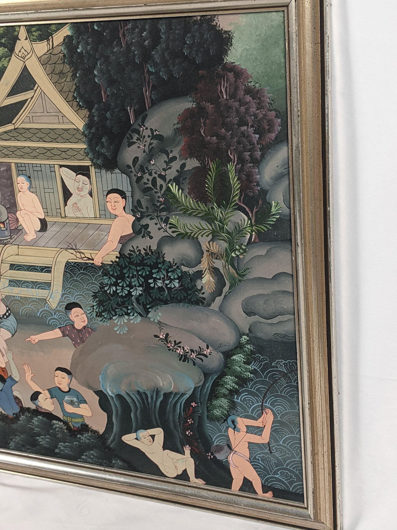 Late 20th Century Southeast Asian Folk Art Village & Riverside Narrative Painting on Canvas - 10