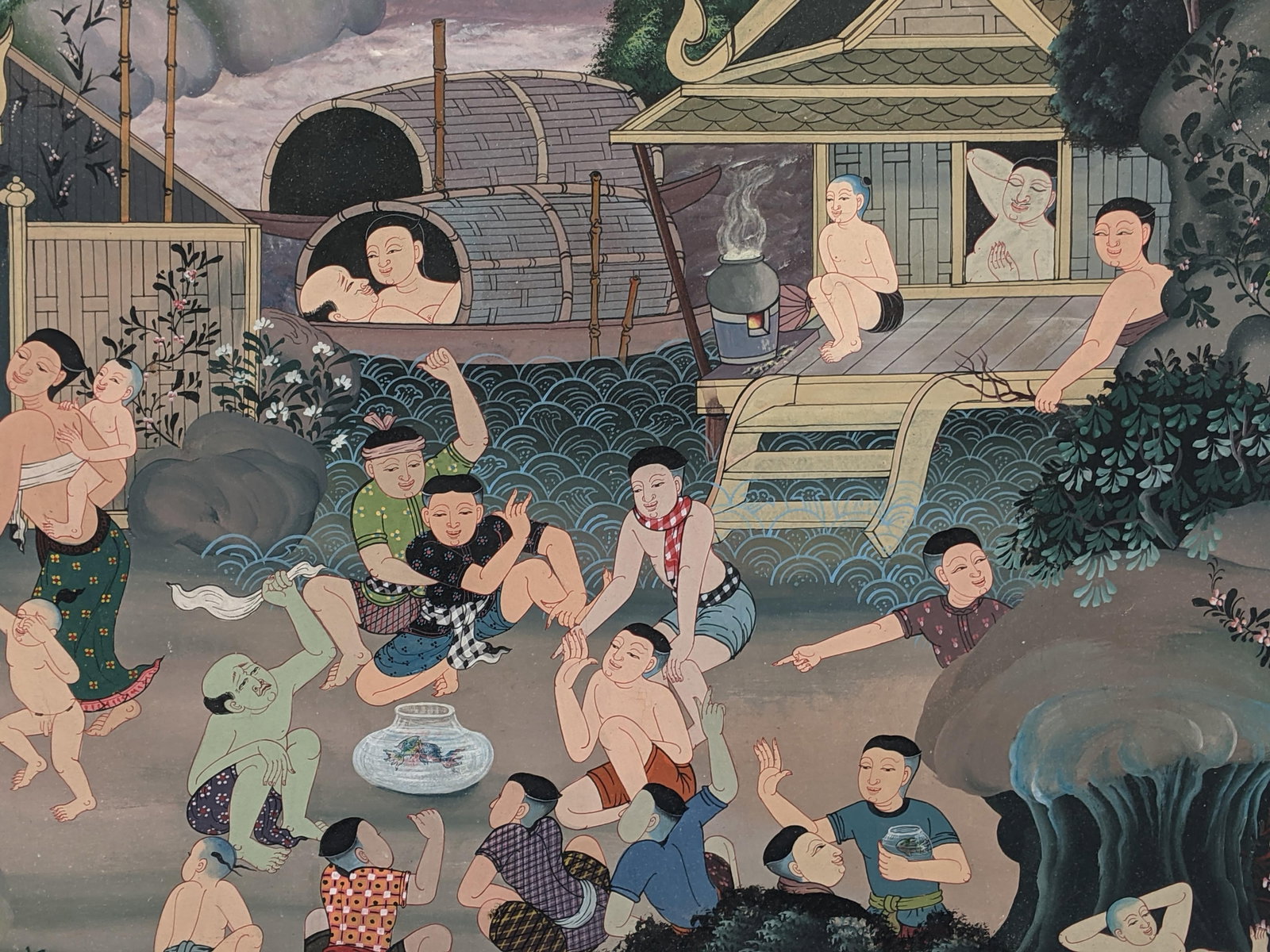 Late 20th Century Southeast Asian Folk Art Village & Riverside Narrative Painting on Canvas - 11