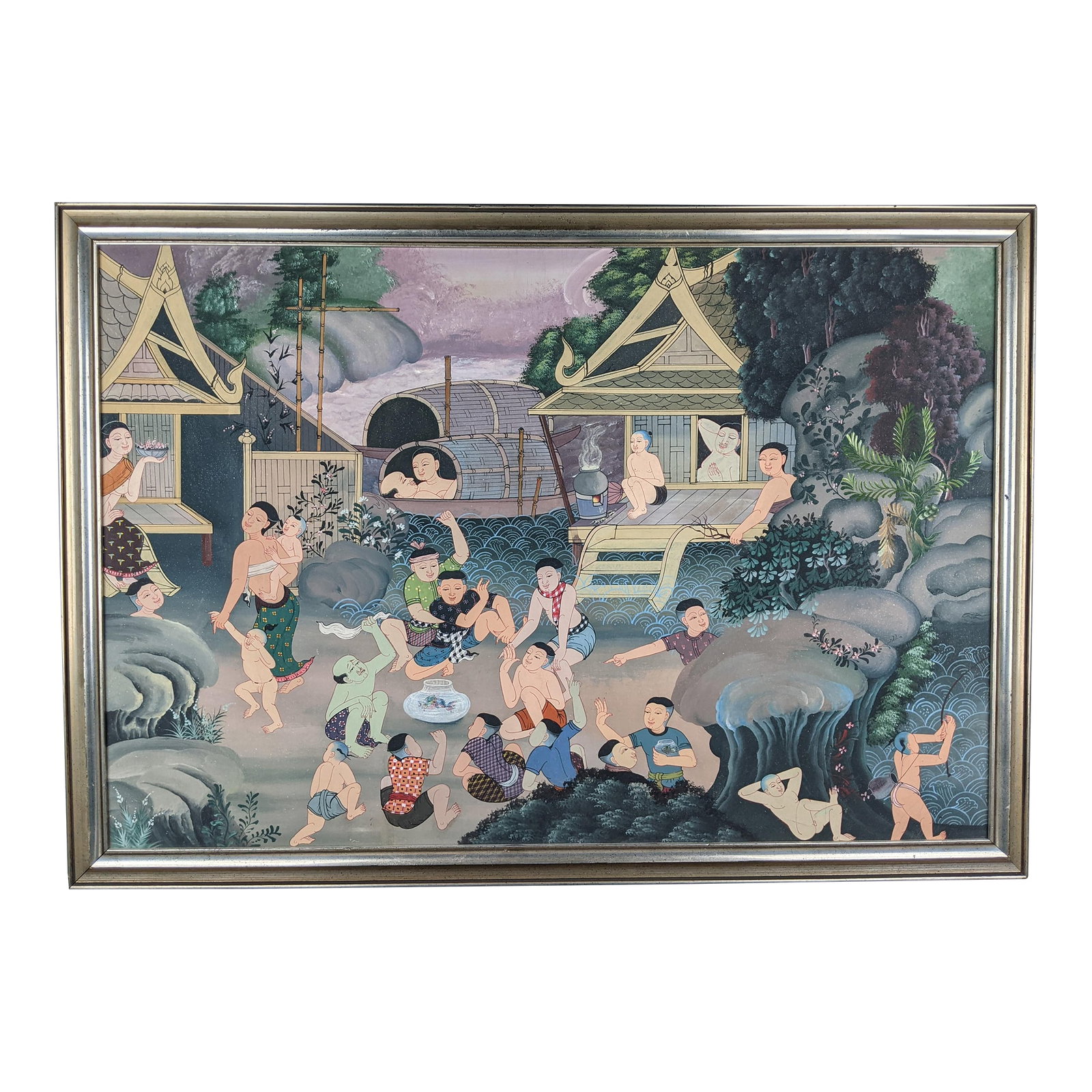 Late 20th Century Southeast Asian Folk Art Village & Riverside Narrative Painting on Canvas: A wonderfully detailed Southeast Asian folk-art painting depicting a lively village and riverside landscape filled with figures, traditional architecture, boats, lush vegetation and dramatic rocky