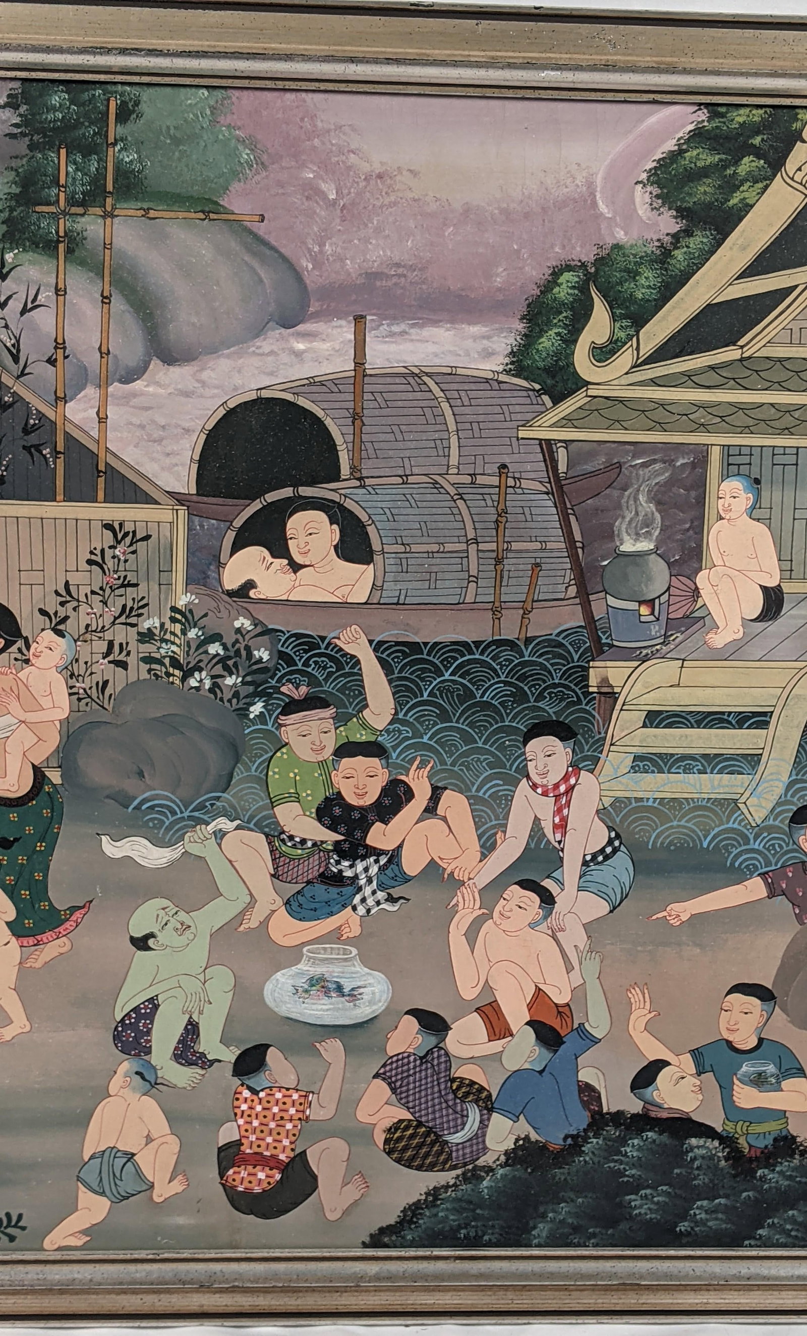 Late 20th Century Southeast Asian Folk Art Village & Riverside Narrative Painting on Canvas - 3
