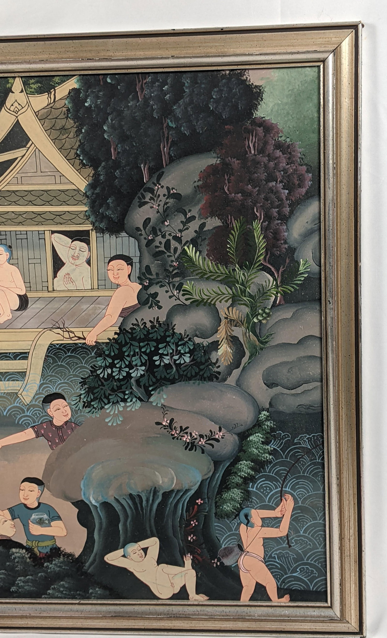 Late 20th Century Southeast Asian Folk Art Village & Riverside Narrative Painting on Canvas - 4