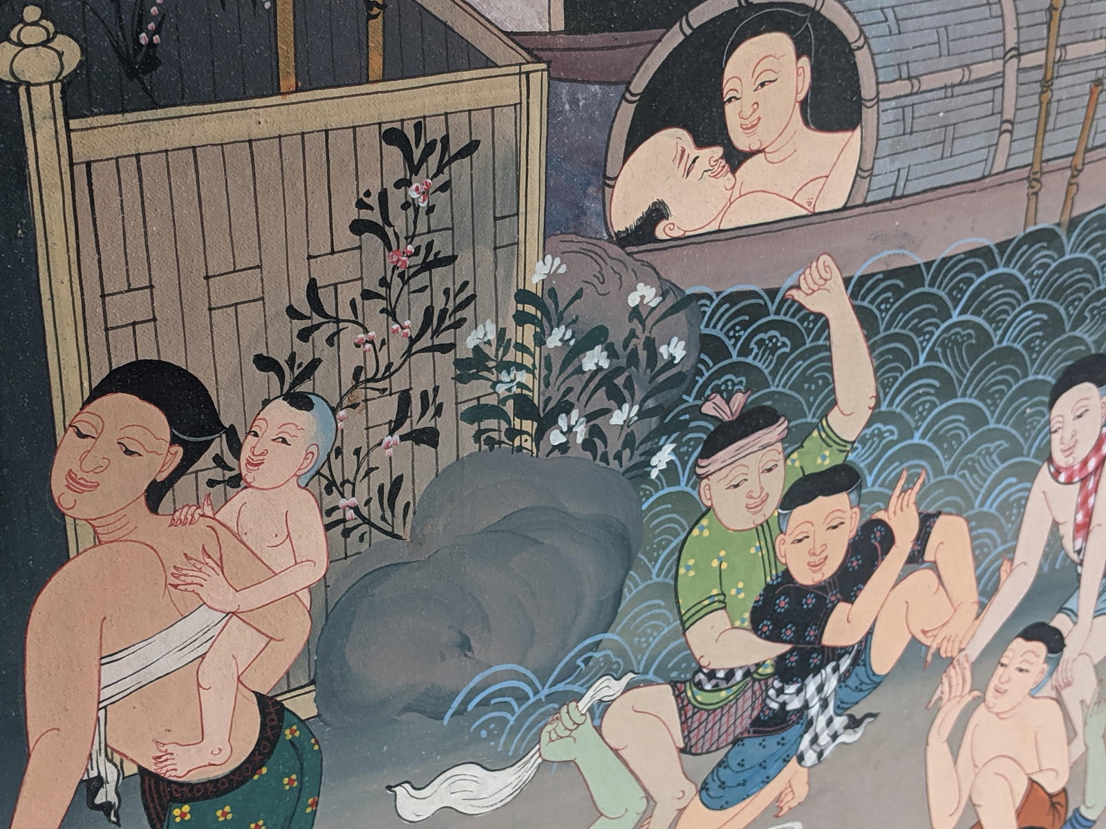 Late 20th Century Southeast Asian Folk Art Village & Riverside Narrative Painting on Canvas - 5