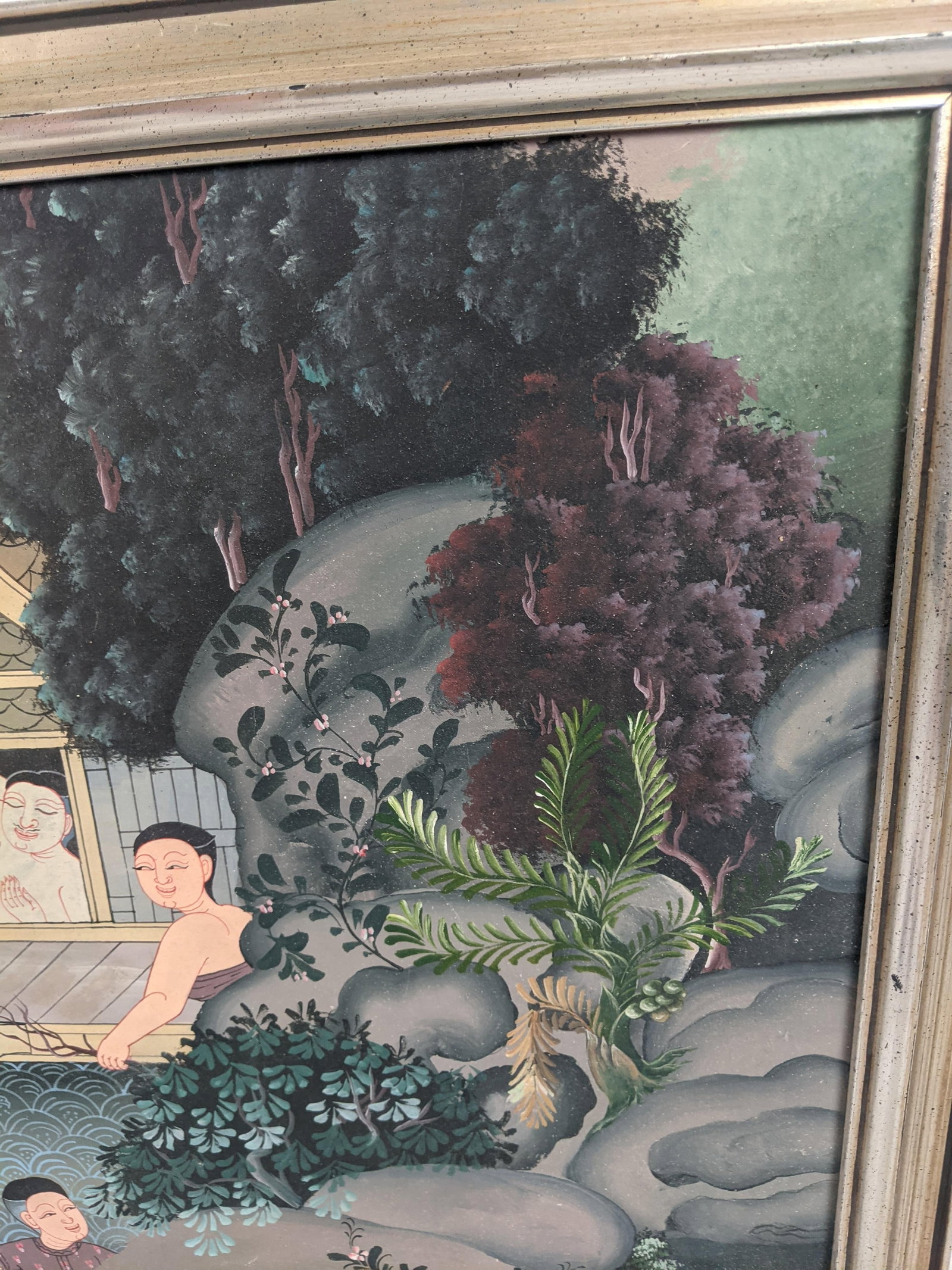 Late 20th Century Southeast Asian Folk Art Village & Riverside Narrative Painting on Canvas - 6