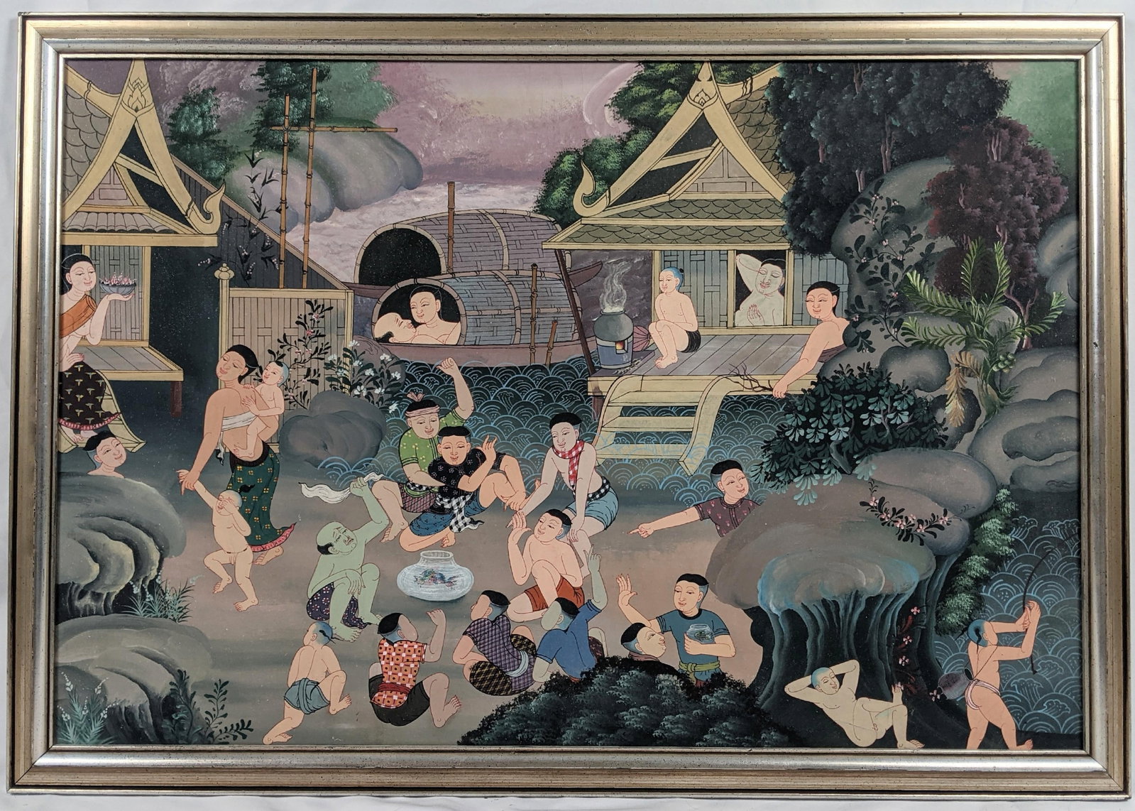 Late 20th Century Southeast Asian Folk Art Village & Riverside Narrative Painting on Canvas - 7