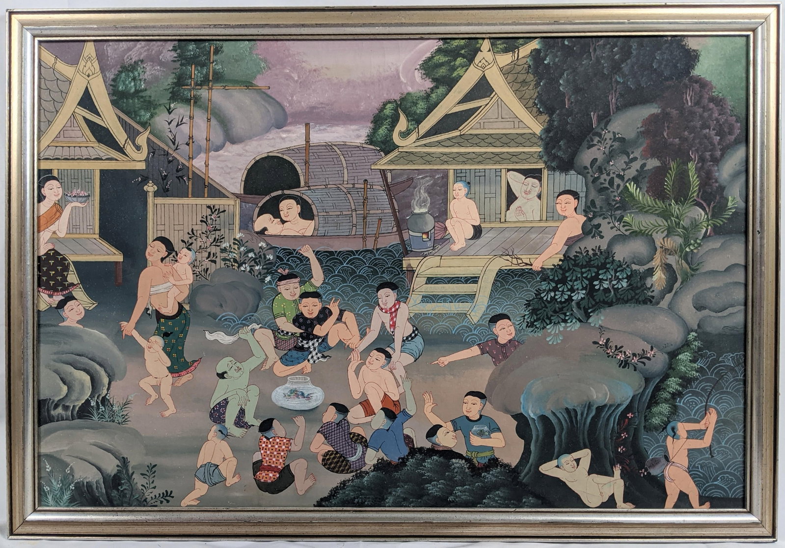 Late 20th Century Southeast Asian Folk Art Village & Riverside Narrative Painting on Canvas - 8