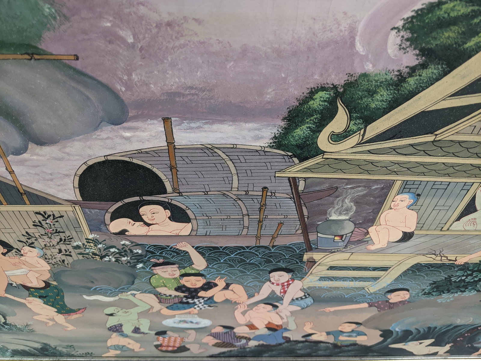 Late 20th Century Southeast Asian Folk Art Village & Riverside Narrative Painting on Canvas - 9