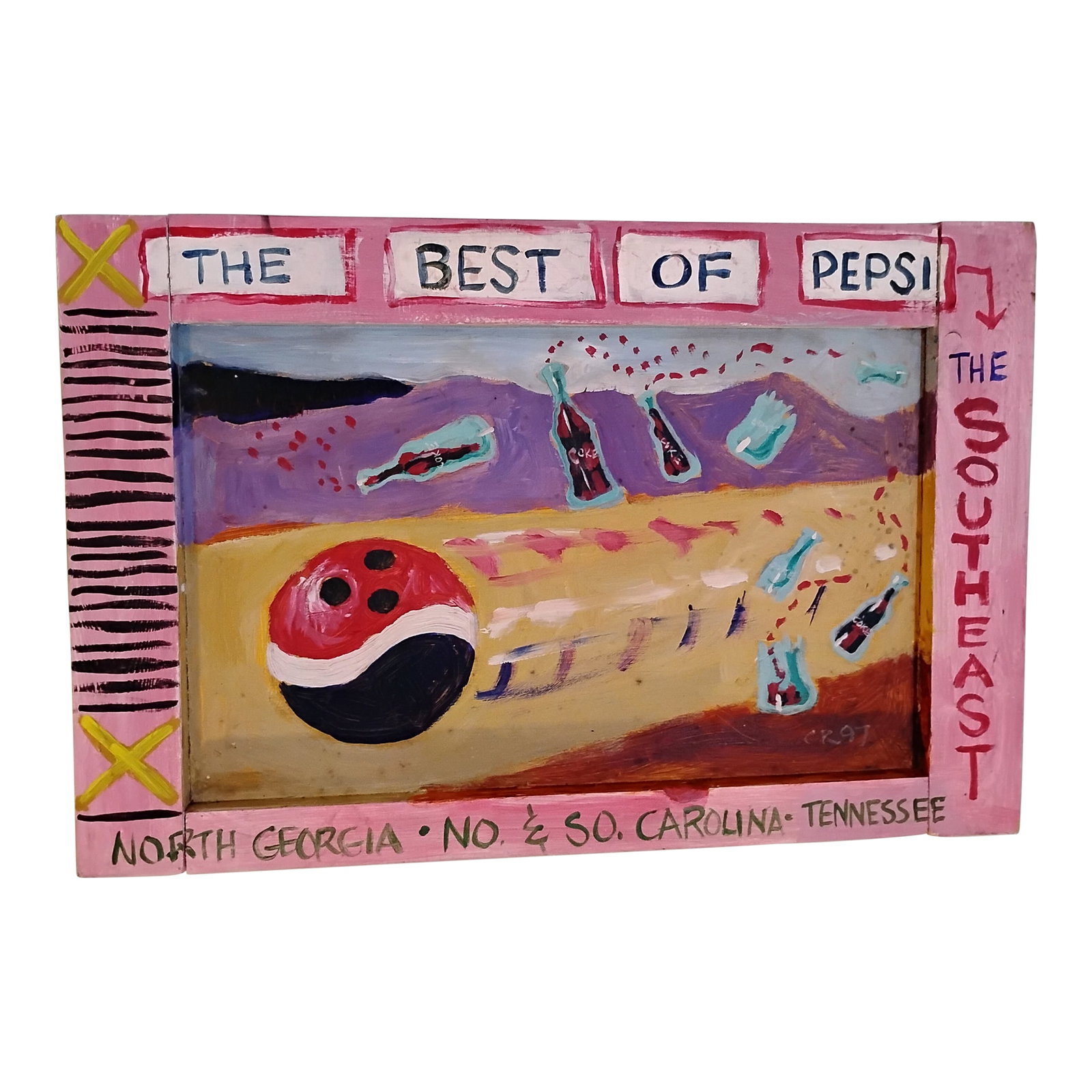 Original Vintage Craig Robertson Folk Painting: This artwork is a vivid piece of Southern folk art (outsider art) painted by artist Craig Robertson, created in 1997. It is signed with the initials and date "CR 97" in the lower right corner of the