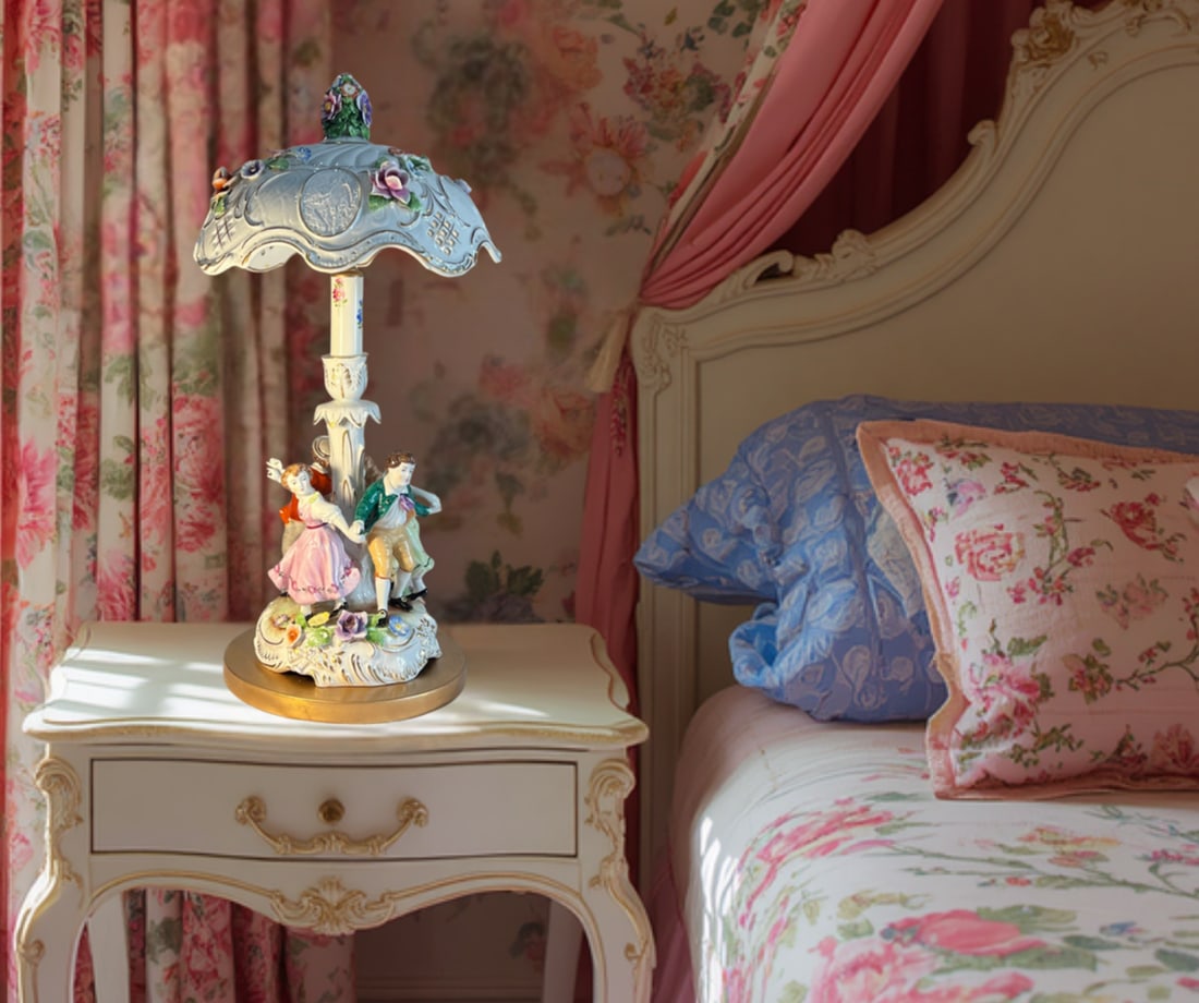 Von Schierholz Porcelain Ring Around the Rosie Children Table Lamp Floral Lithophane Shade - 11