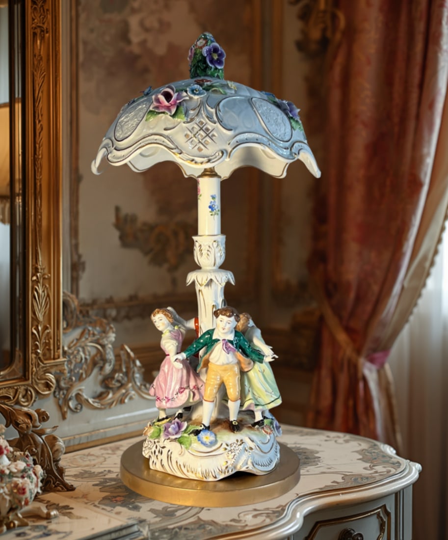 Von Schierholz Porcelain Ring Around the Rosie Children Table Lamp Floral Lithophane Shade - 12