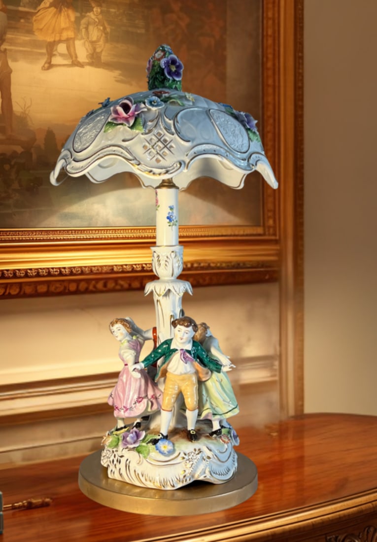 Von Schierholz Porcelain Ring Around the Rosie Children Table Lamp Floral Lithophane Shade - 13