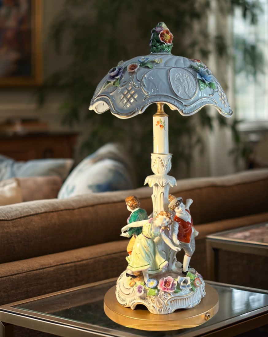 Von Schierholz Porcelain Ring Around the Rosie Children Table Lamp Floral Lithophane Shade - 15