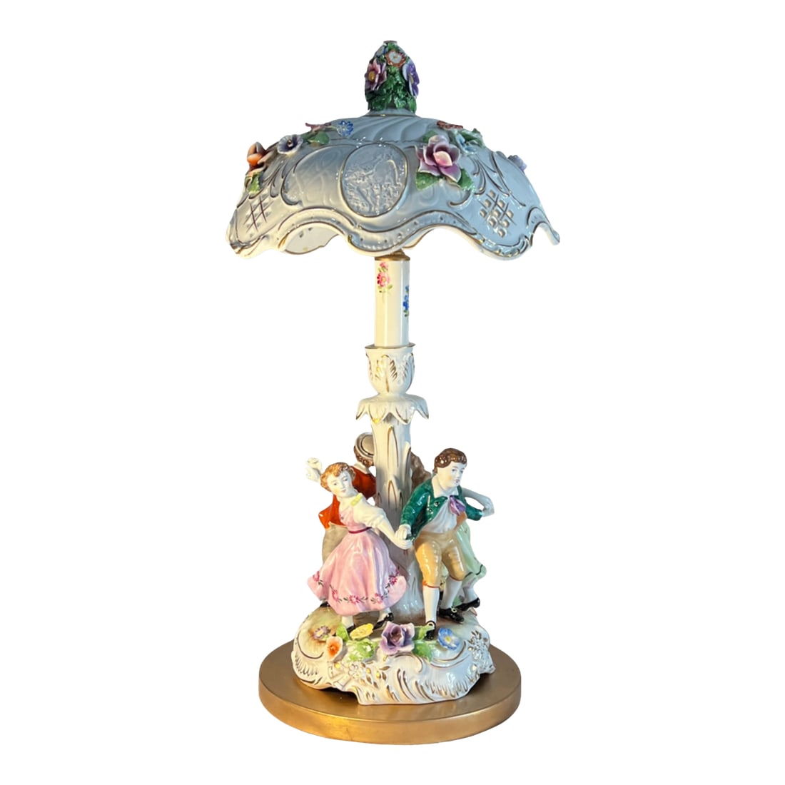 Von Schierholz Porcelain Ring Around the Rosie Children Table Lamp Floral Lithophane Shade: This mid-century Von Schierholz porcelain table lamp is a richly detailed sculptural piece featuring four children holding hands in a ring-around-the-rosie pose, modeled with expressive faces, finely