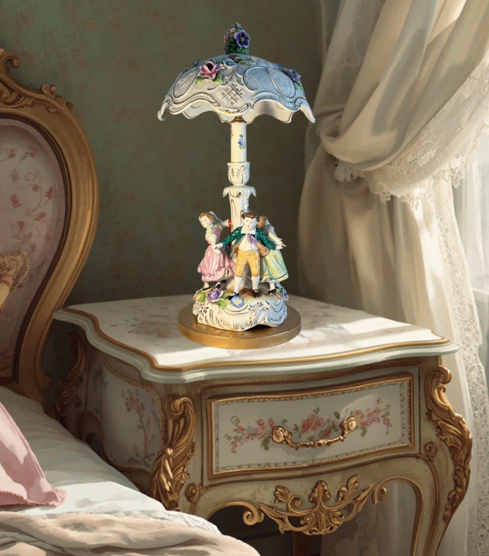 Von Schierholz Porcelain Ring Around the Rosie Children Table Lamp Floral Lithophane Shade - 2