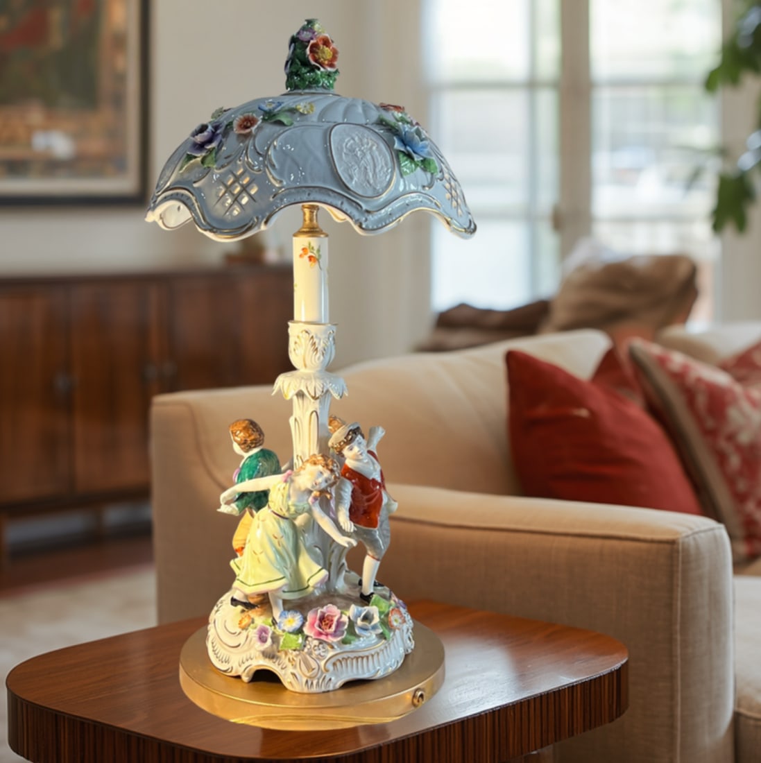 Von Schierholz Porcelain Ring Around the Rosie Children Table Lamp Floral Lithophane Shade - 4