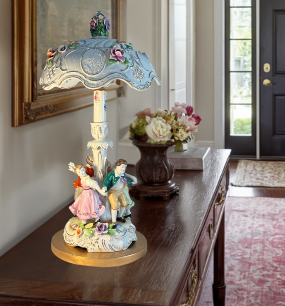 Von Schierholz Porcelain Ring Around the Rosie Children Table Lamp Floral Lithophane Shade - 6