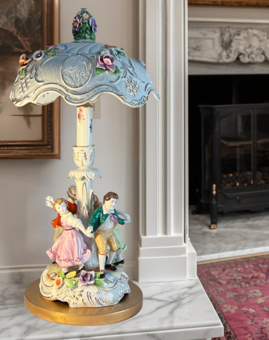 Von Schierholz Porcelain Ring Around the Rosie Children Table Lamp Floral Lithophane Shade - 7